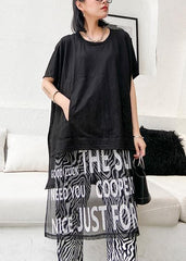 French black Letter Cotton clothes o neck patchwork tulle short Dress AT-SDM200623
