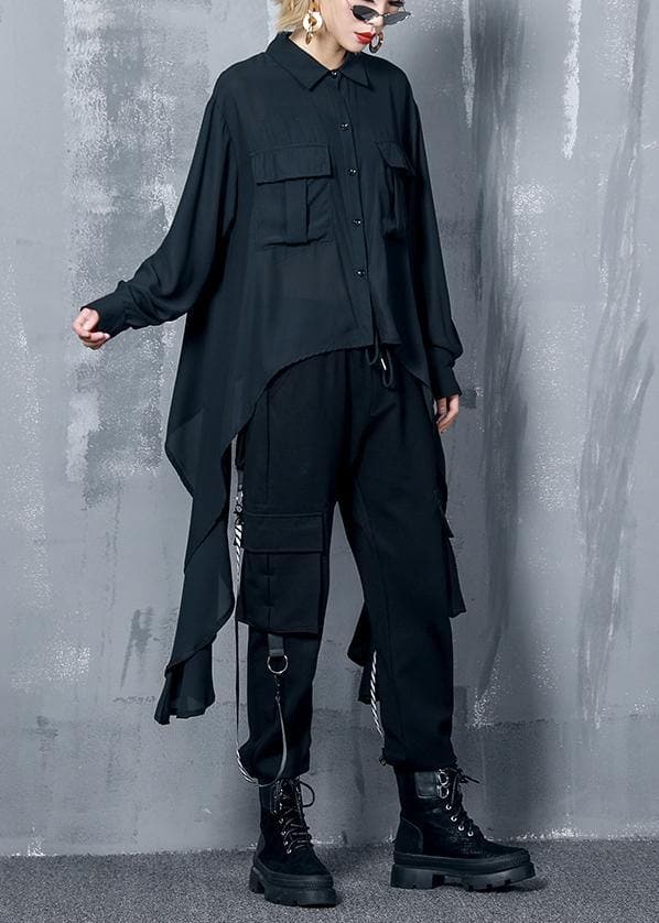 French black chiffon clothes asymmetric Plus Size Clothing lapel blouse AT-LTP190823