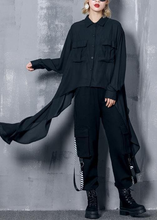 French black chiffon clothes asymmetric Plus Size Clothing lapel blouse AT-LTP190823