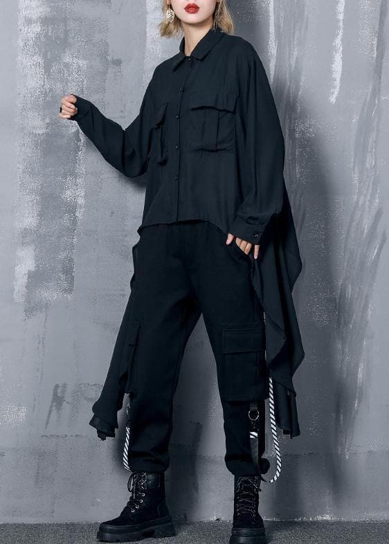 French black chiffon clothes asymmetric Plus Size Clothing lapel blouse AT-LTP190823