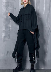 French black chiffon clothes asymmetric Plus Size Clothing lapel blouse AT-LTP190823
