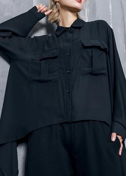 French black chiffon clothes asymmetric Plus Size Clothing lapel blouse AT-LTP190823