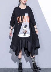 French black prints cotton clothes asymmetric hem Robe summer Dress AT-SDM190411