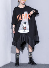 French black prints cotton clothes asymmetric hem Robe summer Dress AT-SDM190411