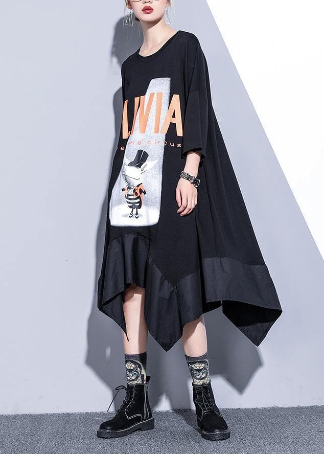 French black prints cotton clothes asymmetric hem Robe summer Dress AT-SDM190411