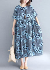 French blue print cotton linen clothes o neck Cinched Maxi Dresses SDL200425