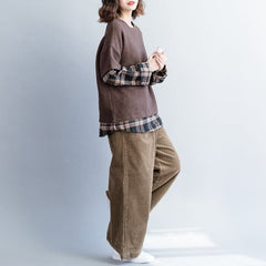 French brown cotton clothes Organic Tunic Tops tunic O neck patchwork blouses LTP181220