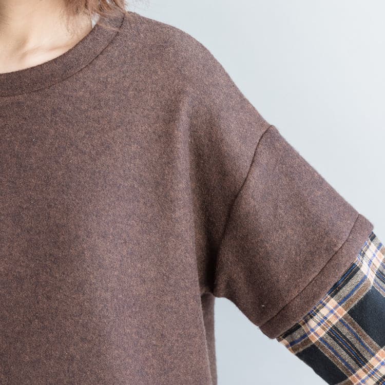 French brown cotton clothes Organic Tunic Tops tunic O neck patchwork blouses LTP181220
