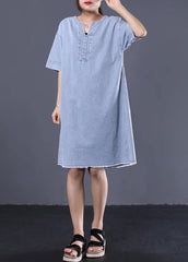French denim blue Cotton quilting dresses v neck loose summer Dress WG-SDM190711