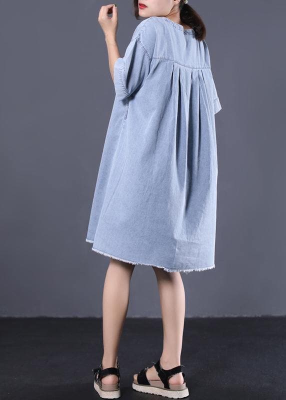 French denim blue Cotton quilting dresses v neck loose summer Dress WG-SDM190711