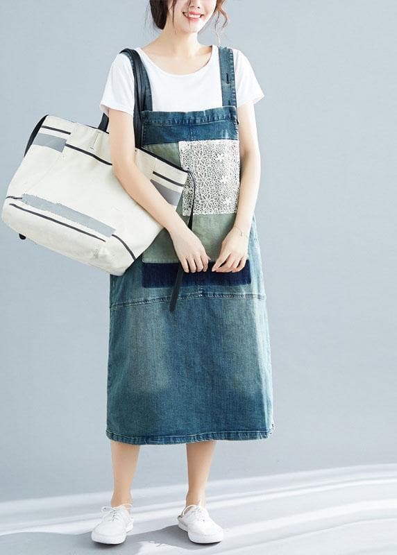French denim blue cotton quilting dresses sleeveless cotton robes summer Dress SDL190507