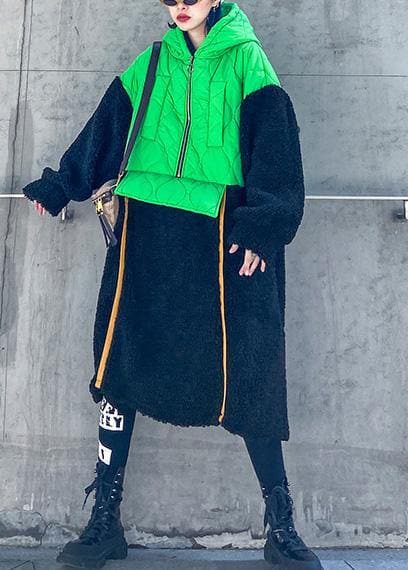 French green patchwork  clothes hooded zippered Robe fall Dresses AT-DJK201105