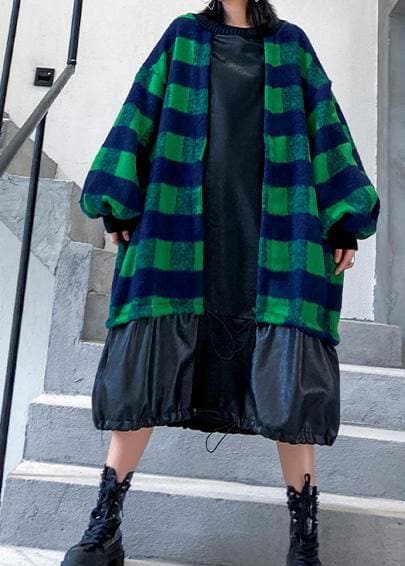 French green plaid cotton clothes drawstring Plus Size patchwork Dress AT-FDM191211