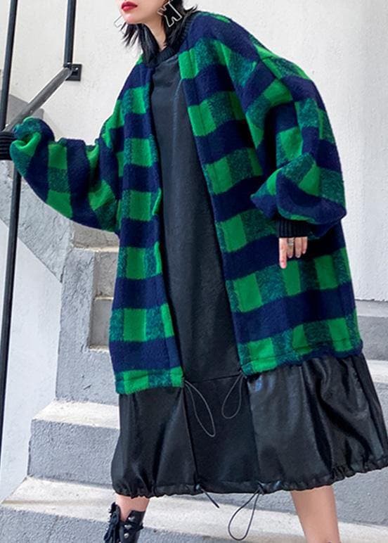 French green plaid cotton clothes drawstring Plus Size patchwork Dress AT-FDM191211