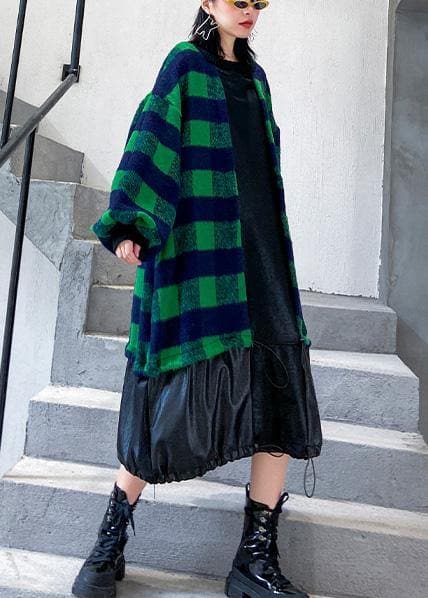 French green plaid cotton clothes drawstring Plus Size patchwork Dress AT-FDM191211