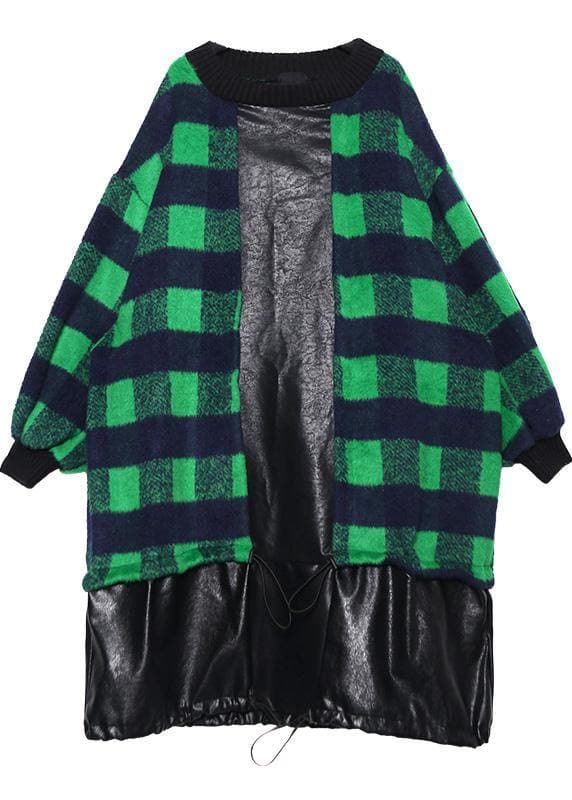 French green plaid cotton clothes drawstring Plus Size patchwork Dress AT-FDM191211