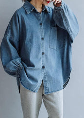 French low high design cotton shirts women pattern denim blue blouse fall CTS191011