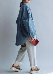 French low high design cotton shirts women pattern denim blue blouse fall CTS191011