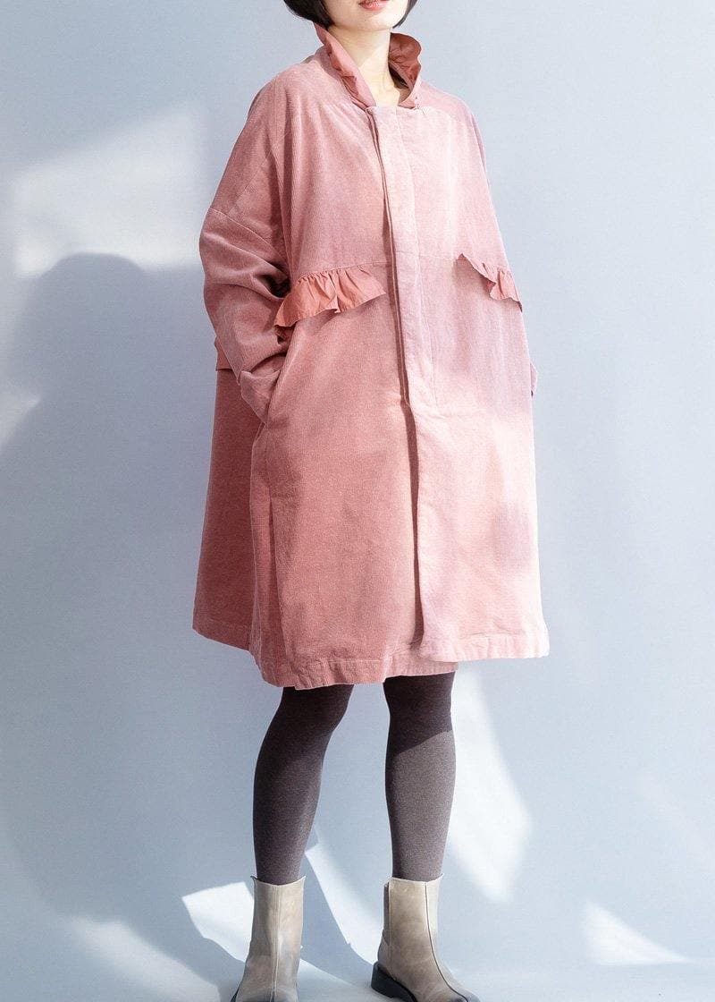 French pink Fashion trench coat Sewing side open ruffles collar jackets TCT191125
