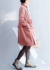 French pink Fashion trench coat Sewing side open ruffles collar jackets TCT191125