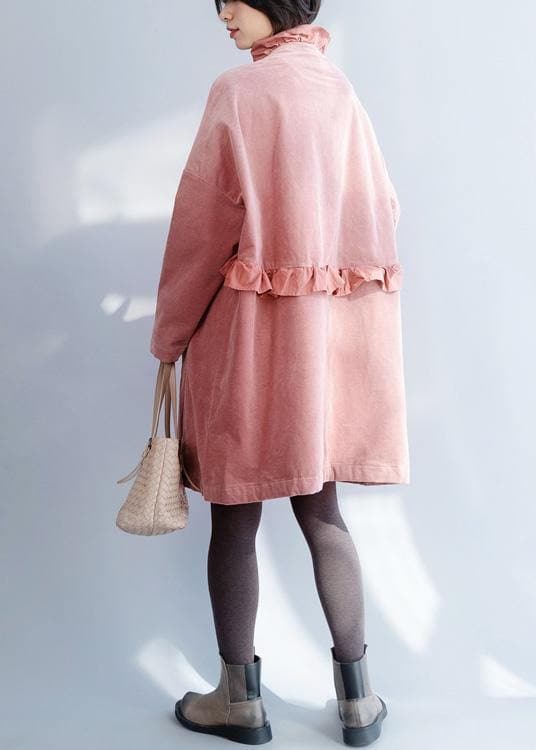 French pink Fashion trench coat Sewing side open ruffles collar jackets TCT191125