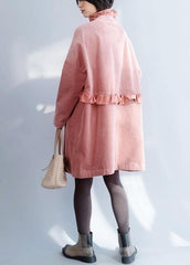French pink Fashion trench coat Sewing side open ruffles collar jackets TCT191125
