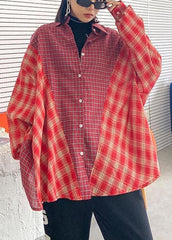 French red plaid clothes lapel patchwork baggy tops AT-LTP200909