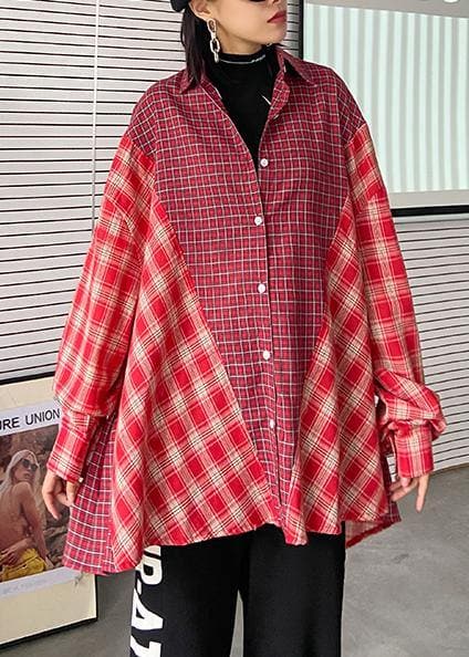 French red plaid clothes lapel patchwork baggy tops AT-LTP200909