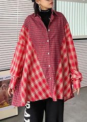 French red plaid clothes lapel patchwork baggy tops AT-LTP200909