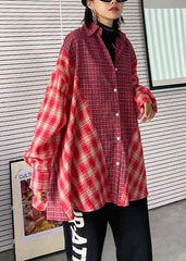 French red plaid clothes lapel patchwork baggy tops AT-LTP200909