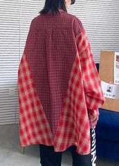 French red plaid clothes lapel patchwork baggy tops AT-LTP200909