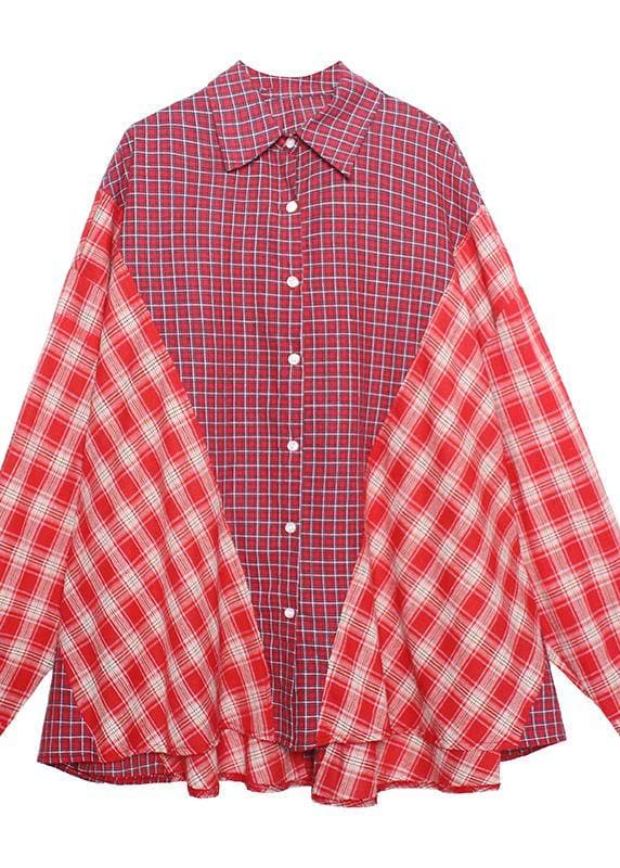 French red plaid clothes lapel patchwork baggy tops AT-LTP200909