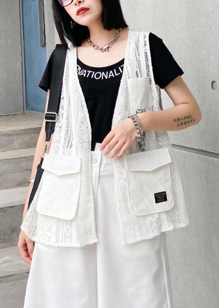 French white cotton top v neck pockets Clothing tops AT-VTP200623