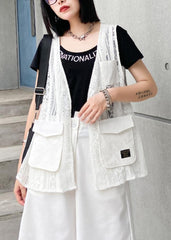 French white cotton top v neck pockets Clothing tops AT-VTP200623