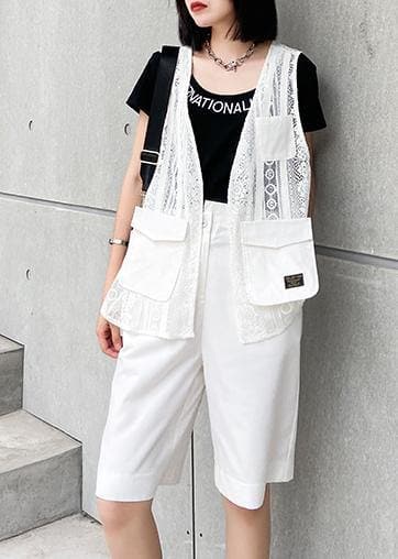 French white cotton top v neck pockets Clothing tops AT-VTP200623
