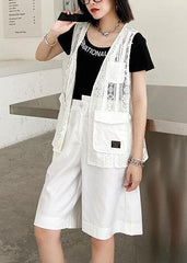 French white cotton top v neck pockets Clothing tops AT-VTP200623