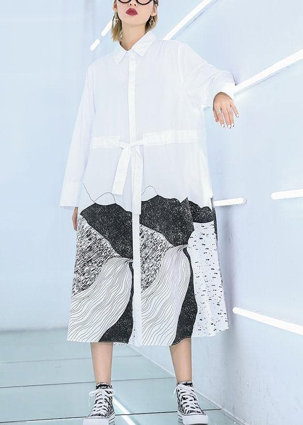 French white print cotton clothes Women lapel patchwork loose Dress AT-FDL191120