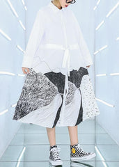French white print cotton clothes Women lapel patchwork loose Dress AT-FDL191120