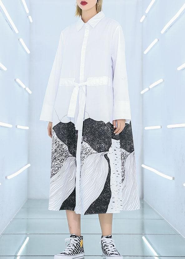 French white print cotton clothes Women lapel patchwork loose Dress AT-FDL191120