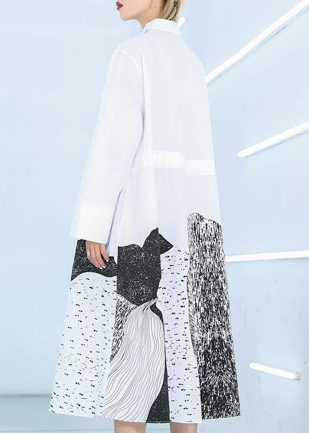 French white print cotton clothes Women lapel patchwork loose Dress AT-FDL191120