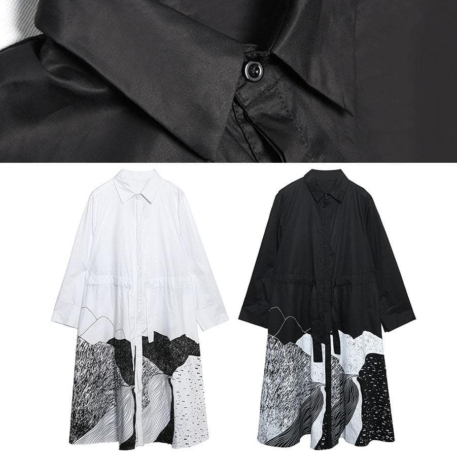 French white print cotton clothes Women lapel patchwork loose Dress AT-FDL191120