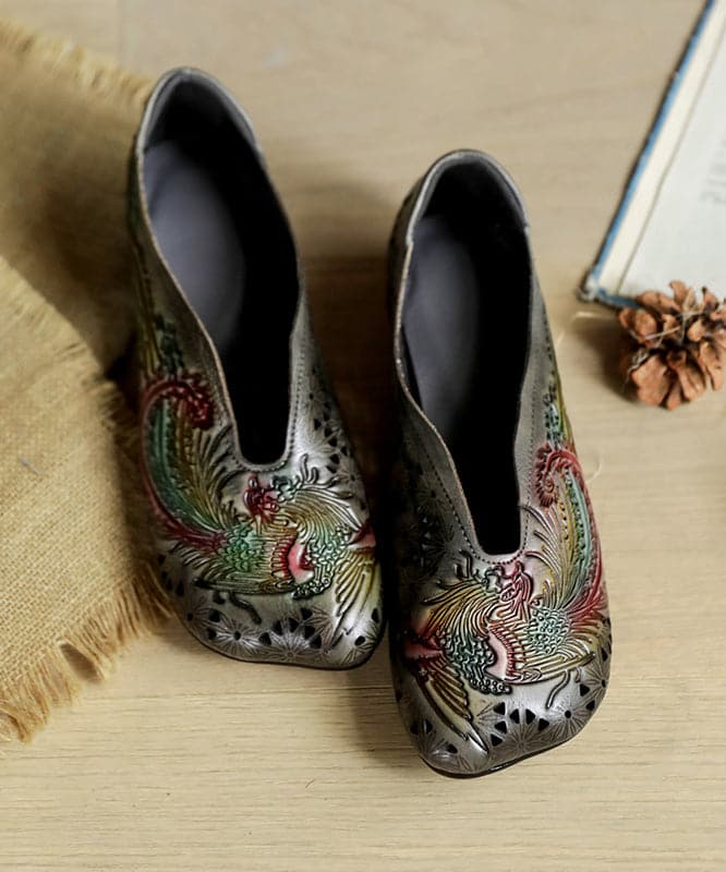 Grey Flat Feet Shoes Cowhide Leather Simple Embossed Hollow Out Flat Feet Shoes SHOE-PDX220328