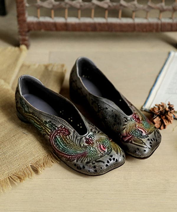 Grey Flat Feet Shoes Cowhide Leather Simple Embossed Hollow Out Flat Feet Shoes SHOE-PDX220328