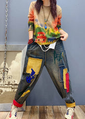 Handmade Blue patch applique denim Pants Spring NZ-LPTS220105