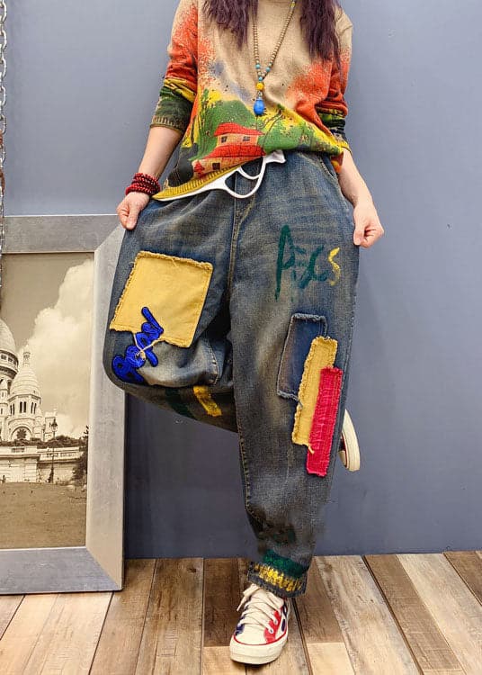 Handmade Blue patch applique denim Pants Spring NZ-LPTS220105
