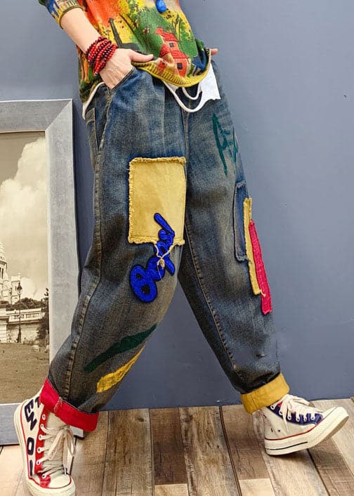 Handmade Blue patch applique denim Pants Spring NZ-LPTS220105