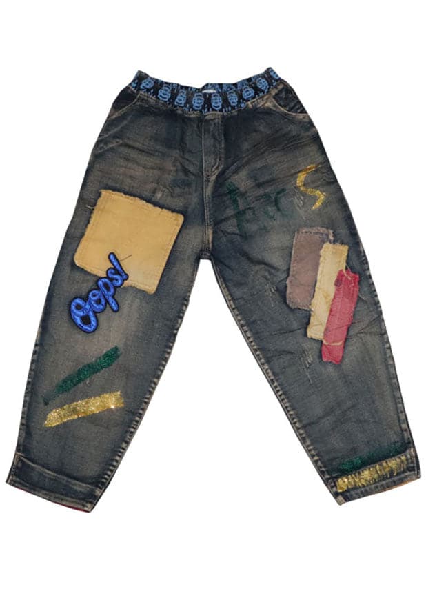 Handmade Blue patch applique denim Pants Spring NZ-LPTS220105