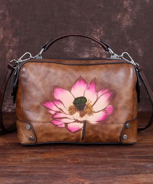 Handmade Coffee Floral Paitings Calf Leather Satchel Handbag BGS220210