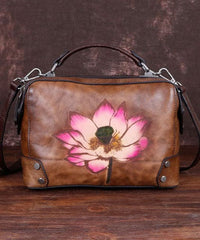 Handmade Coffee Floral Paitings Calf Leather Satchel Handbag BGS220210