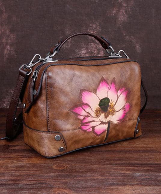 Handmade Coffee Floral Paitings Calf Leather Satchel Handbag BGS220210